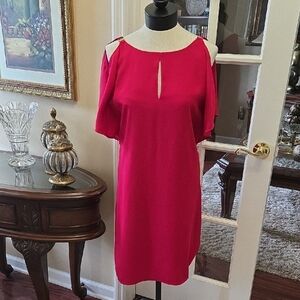 White House Black Market Fuchsia Sleeveless Flutter Dress Silver MetalTrim 6 EUC